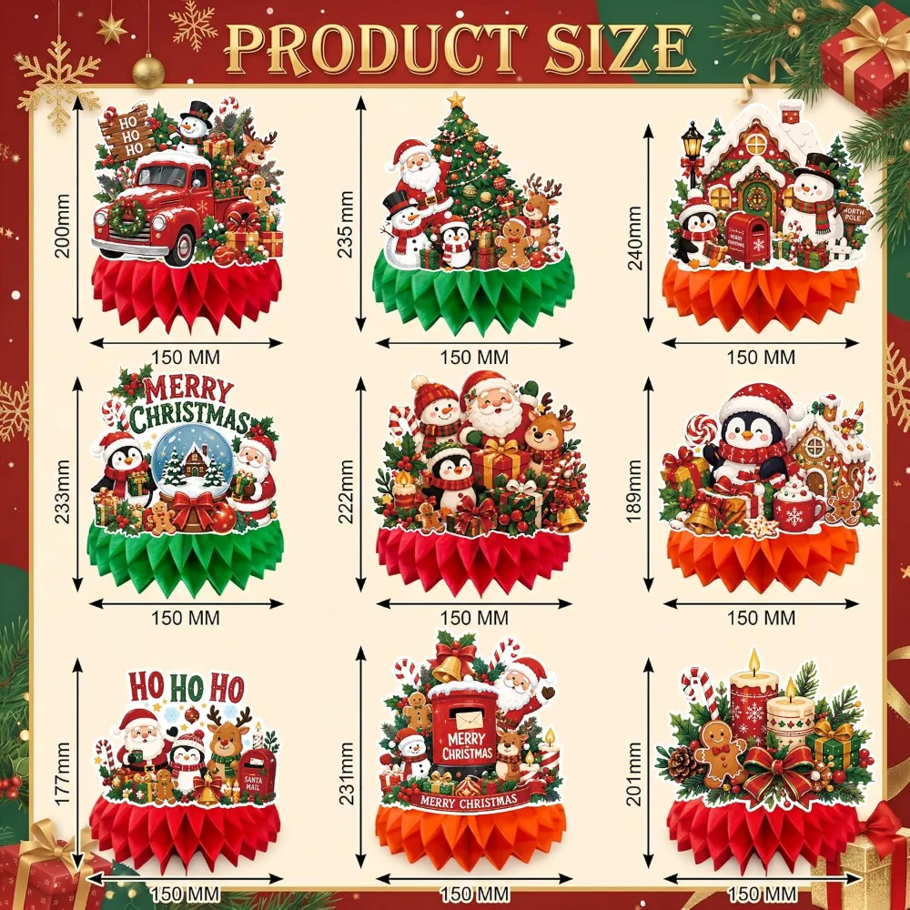 Christmas Decorations 9 PCS Santa Snowman Reindeer Honeycomb, view 2