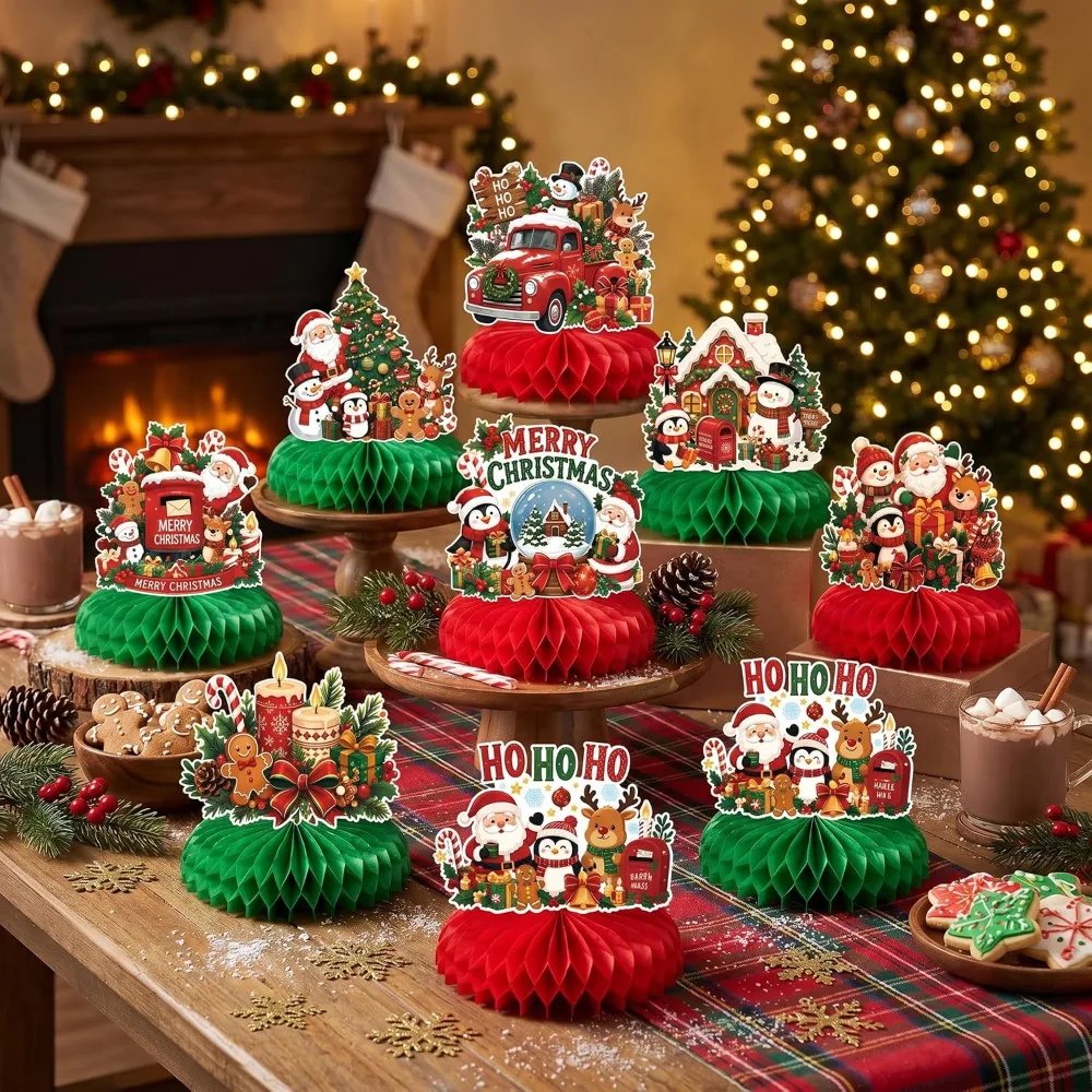 Christmas Decorations 9 PCS Santa Snowman Reindeer Honeycomb, view 5