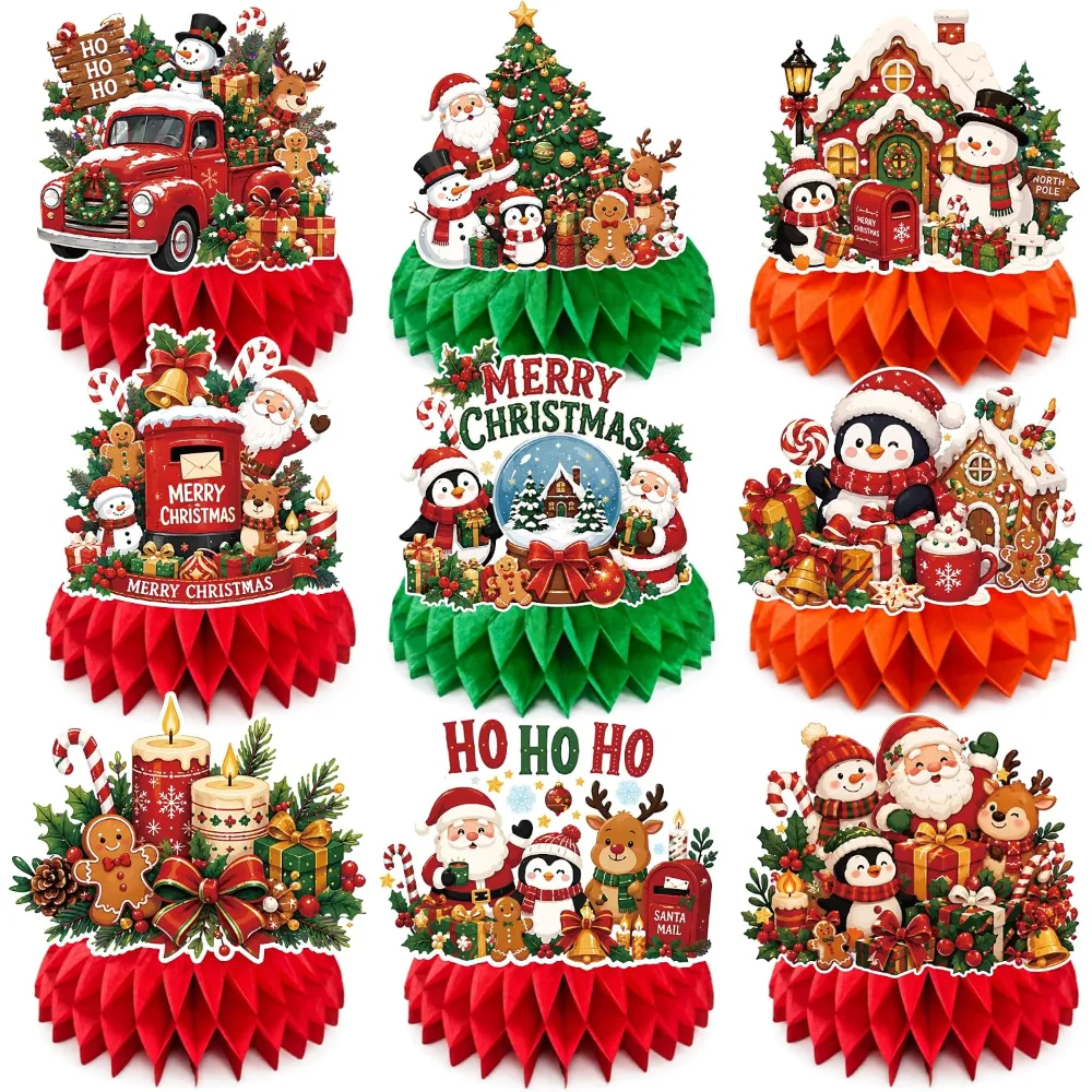 Christmas Decorations 9 PCS Santa Snowman Reindeer Honeycomb