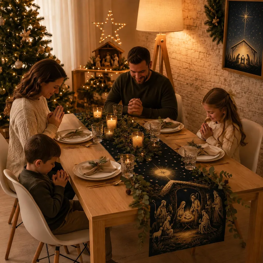A family seated at a candlelit Christmas table with a dark nativity-print runner down the middle