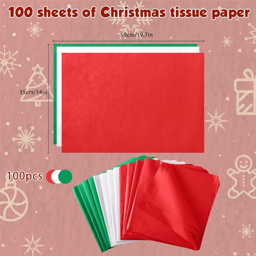 Christmas Tissue Paper 100 Sheets 20"x14" Red Green White, view 3