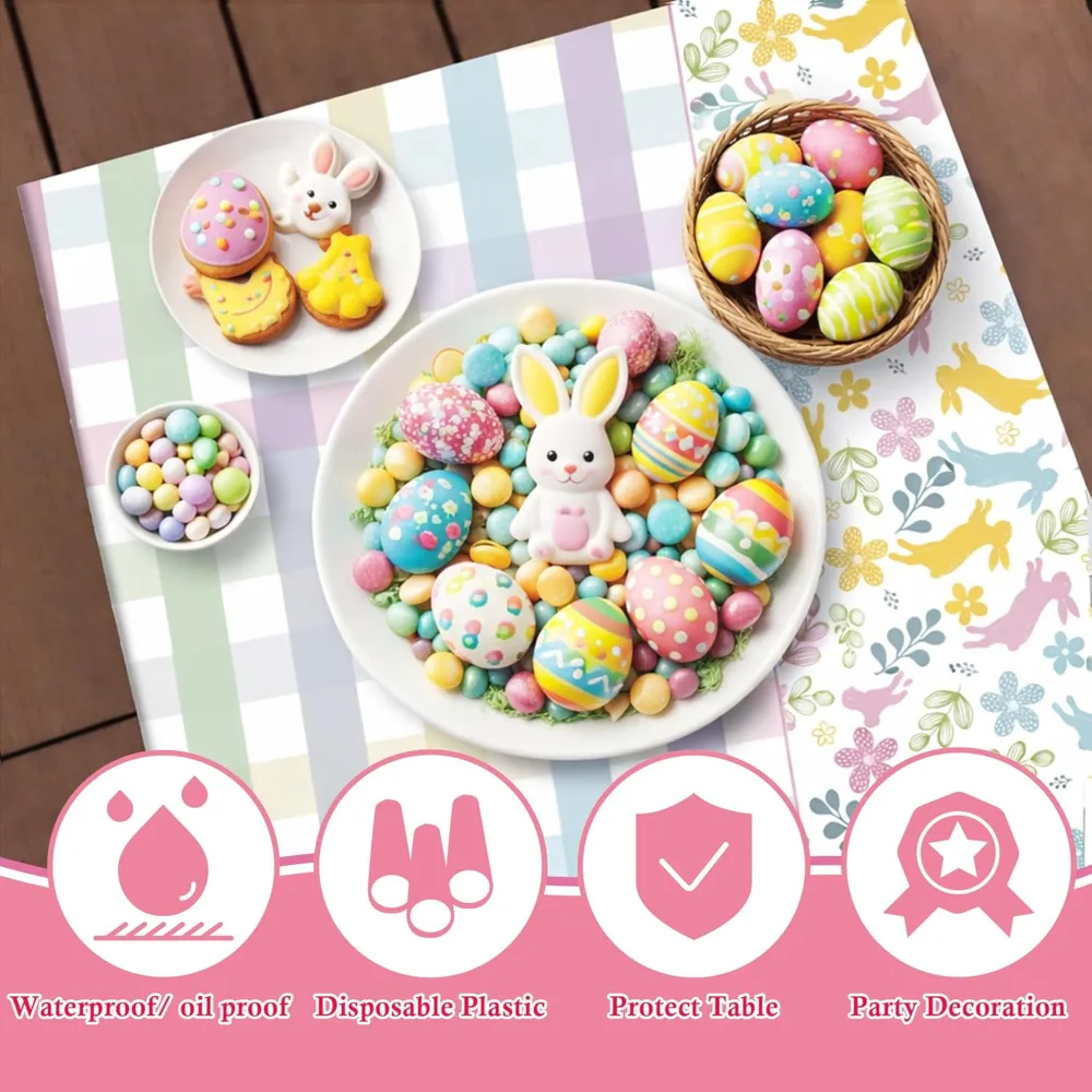 Easter Decorations Rabbit Eggs Disposable Plastic Tablecloth, view 4