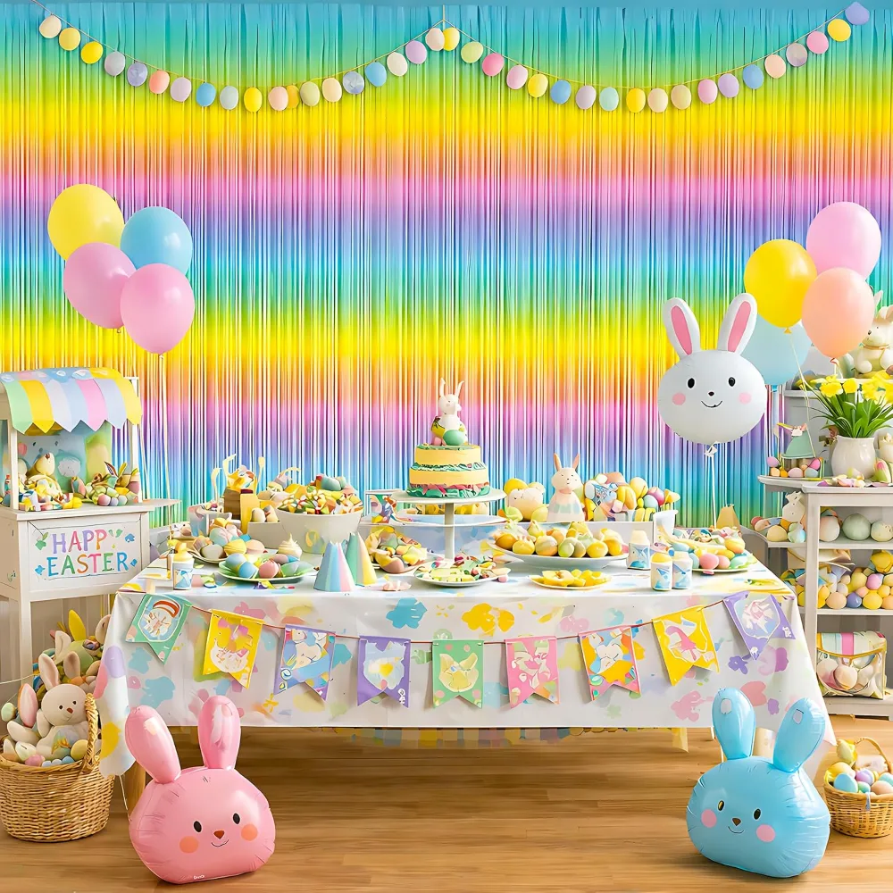 Easter Decorations Rainbow Tinsel Streamers Backdrop Banner, view 6
