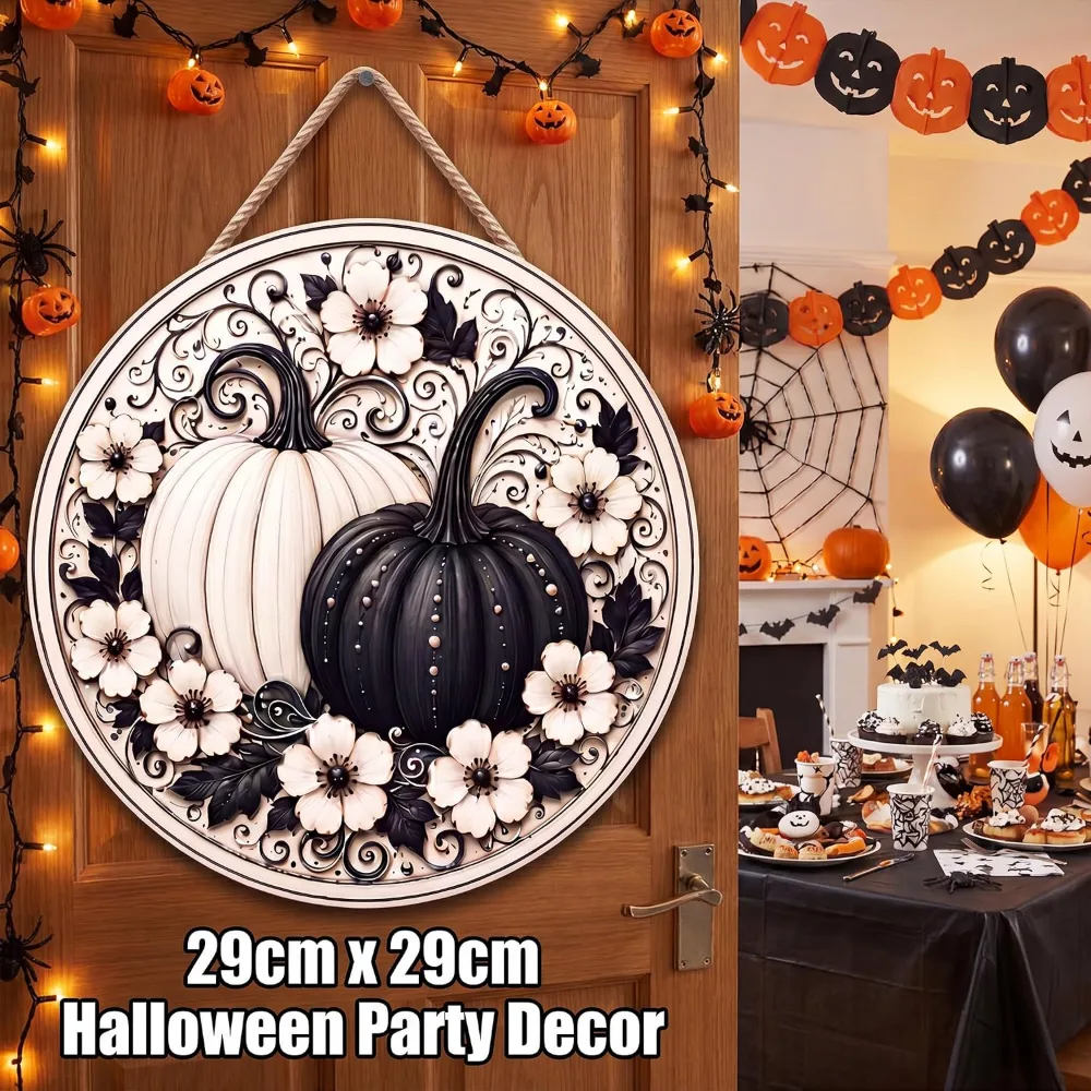 Fall Decor Black and White Pumpkin Wreath Door Sign for Front, view 2