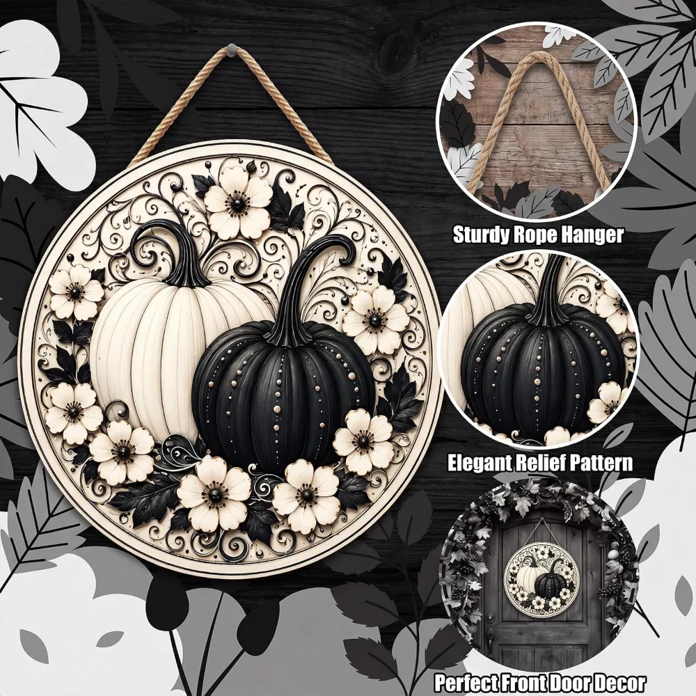 Fall Decor Black and White Pumpkin Wreath Door Sign for Front, view 3