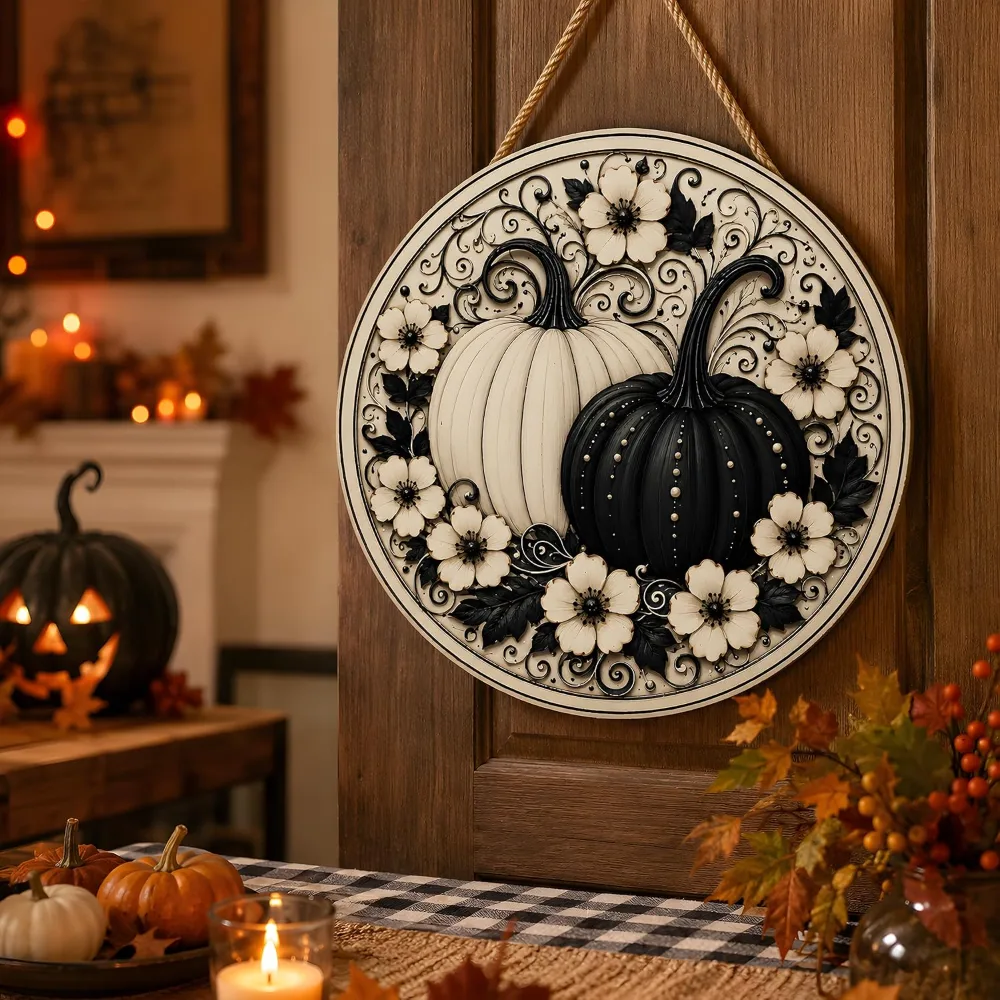Fall Decor Black and White Pumpkin Wreath Door Sign for Front, view 5