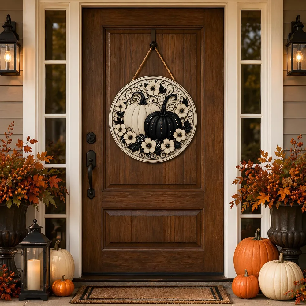 Fall Decor Black and White Pumpkin Wreath Door Sign for Front, view 6