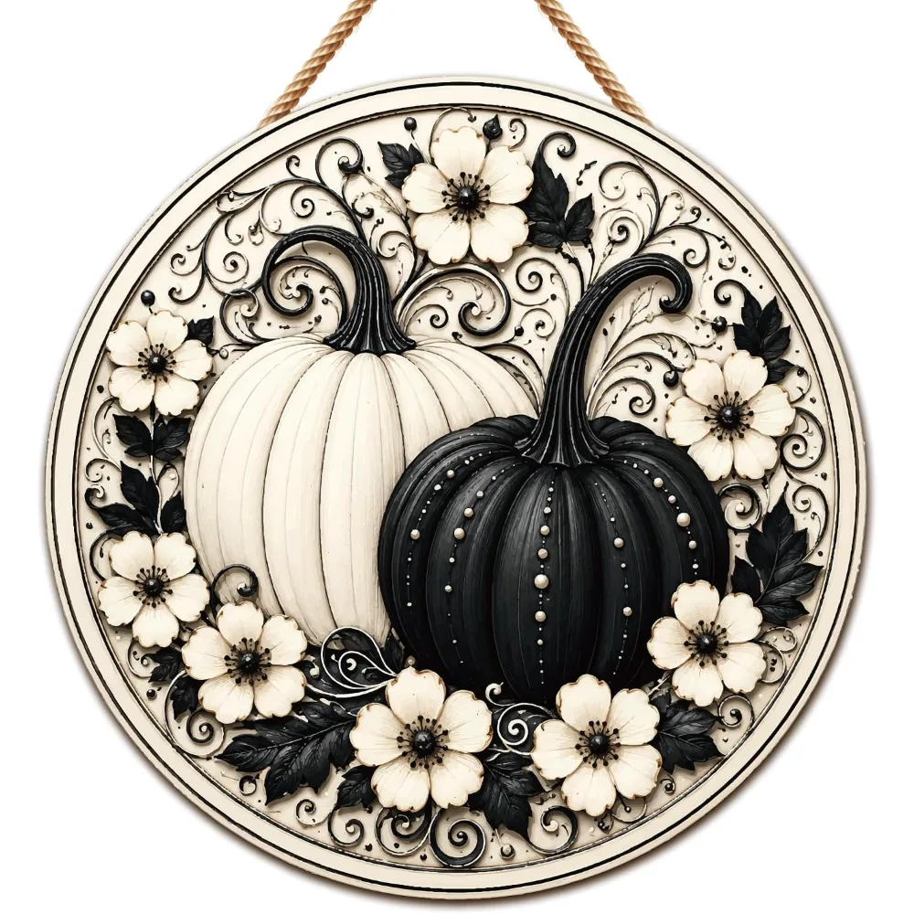 Fall Decor Black and White Pumpkin Wreath Door Sign for Front
