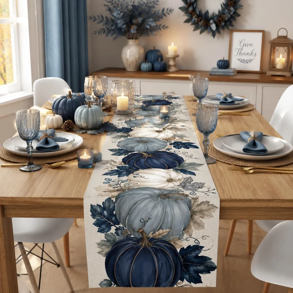 Fall Decor Blue and White Pumpkin Table Runner, view 2