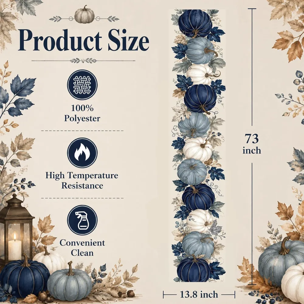 Fall Decor Blue and White Pumpkin Table Runner, view 3