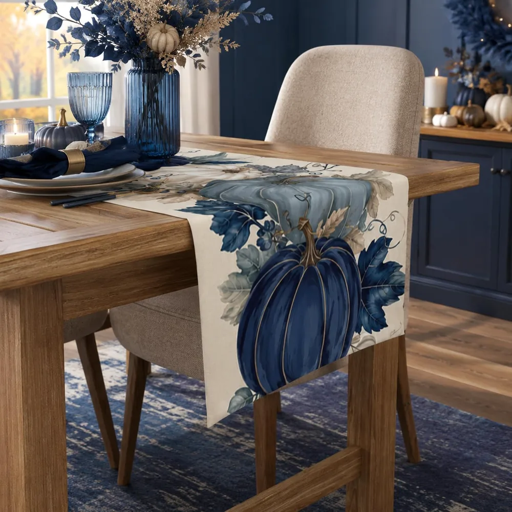 Fall Decor Blue and White Pumpkin Table Runner, view 4