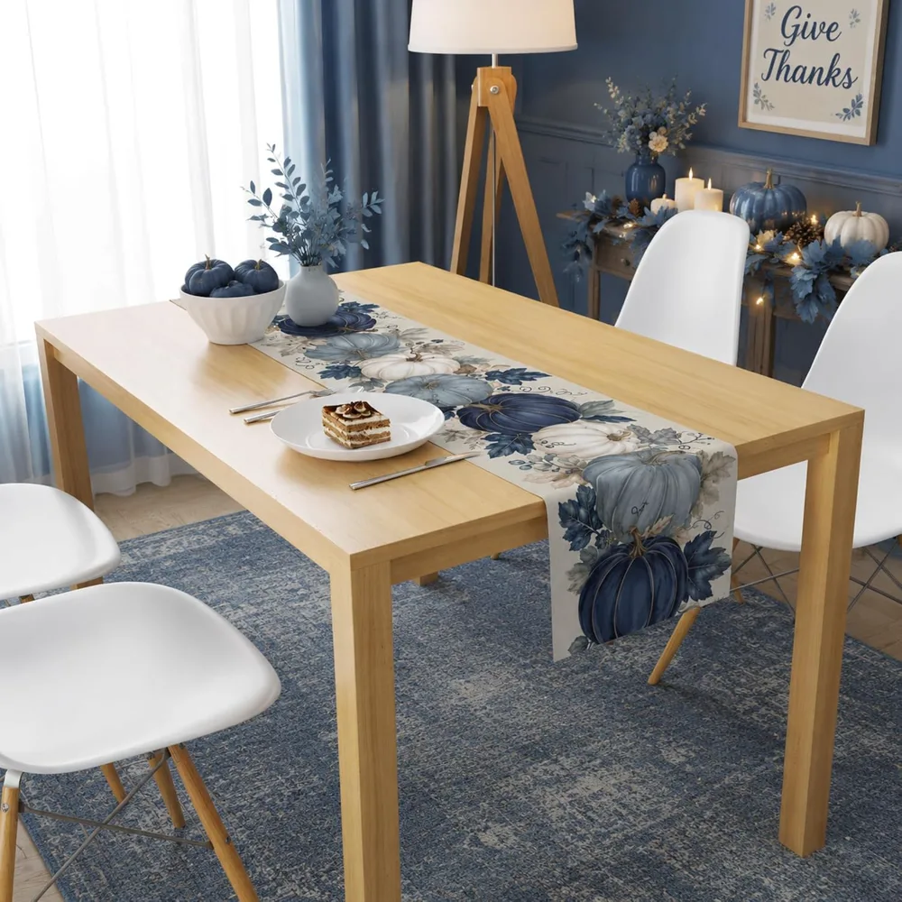 Fall Decor Blue and White Pumpkin Table Runner, view 5