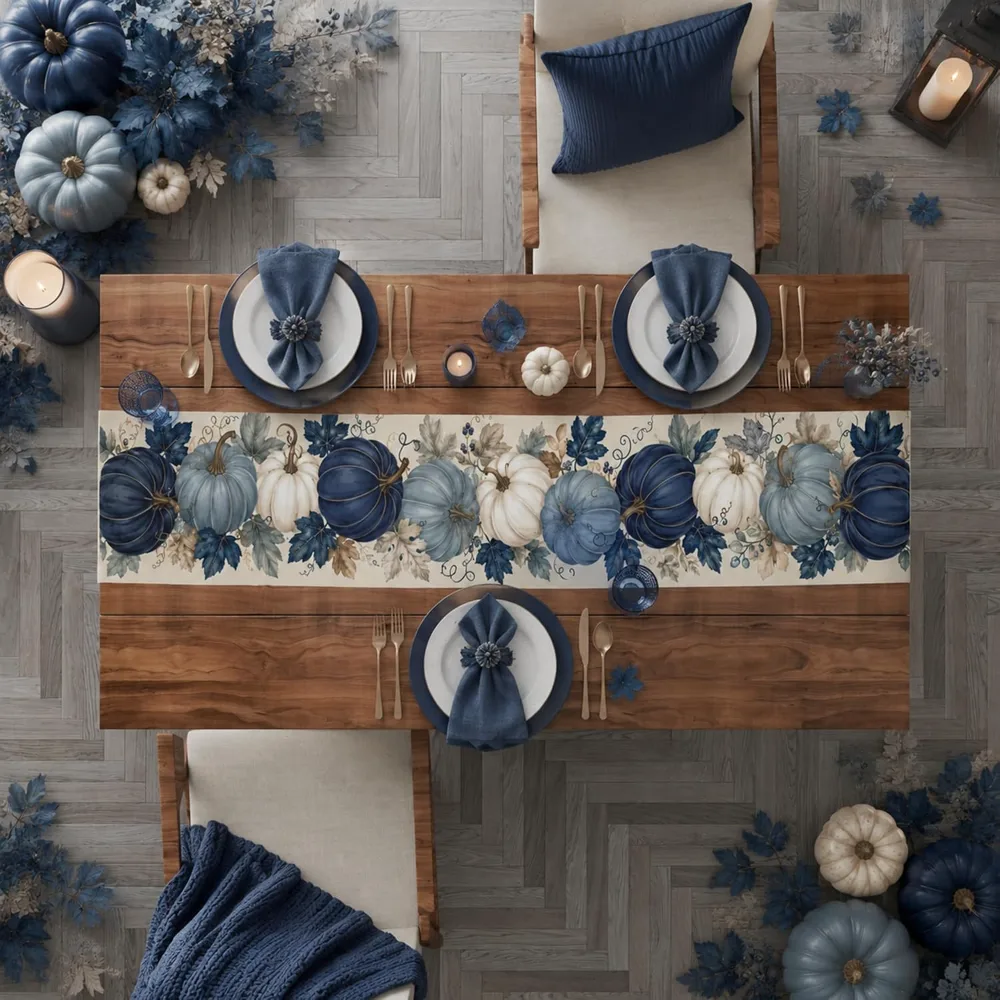 Fall Decor Blue and White Pumpkin Table Runner, view 6