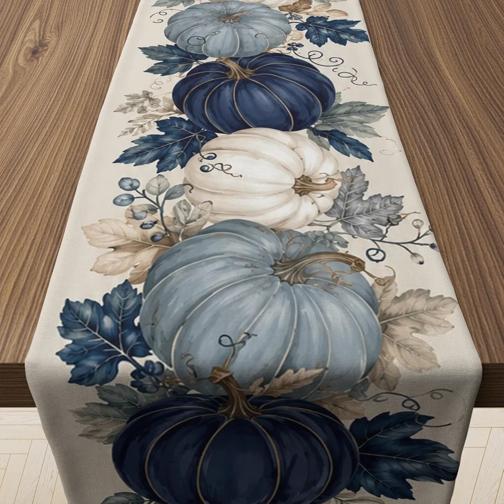 Fall Decor Blue and White Pumpkin Table Runner