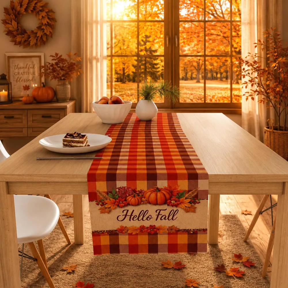 Fall Decor Hello Fall Pumpkin Plaid Table Runner, view 2
