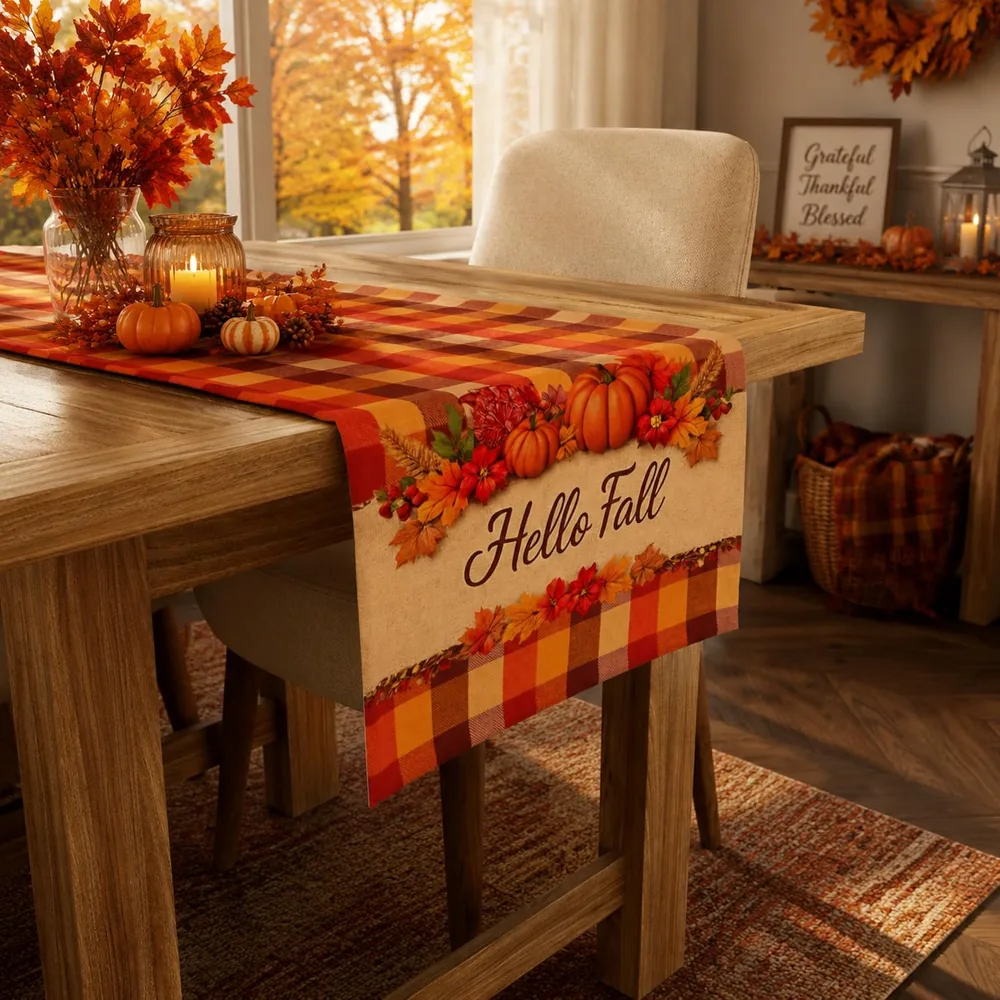 Fall Decor Hello Fall Pumpkin Plaid Table Runner, view 4