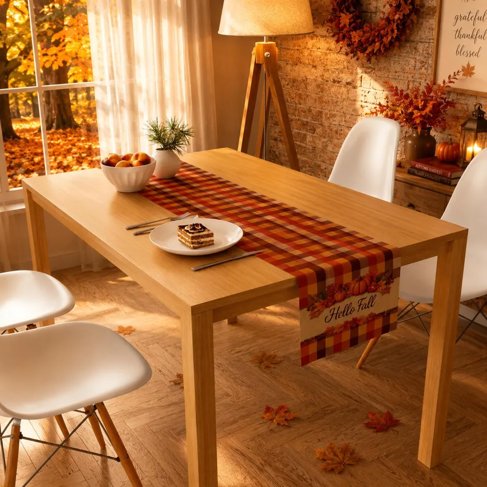 Fall Decor Hello Fall Pumpkin Plaid Table Runner, view 5