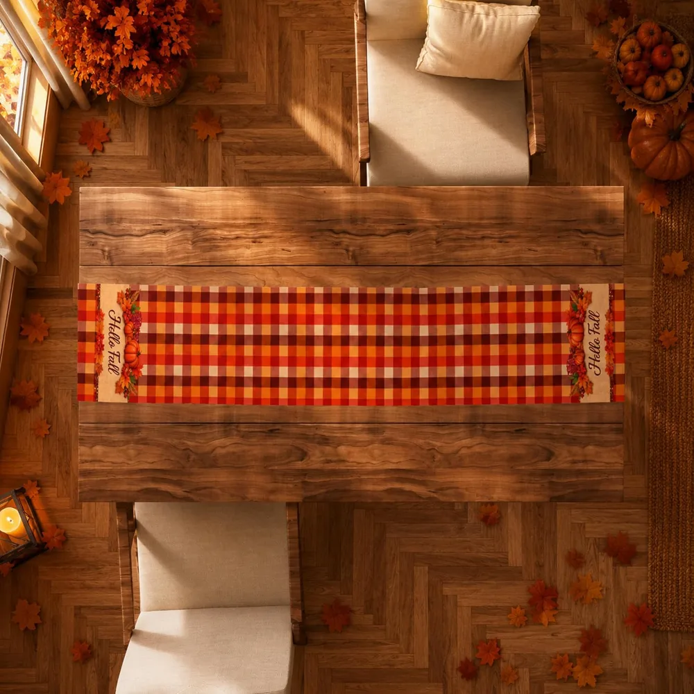 Fall Decor Hello Fall Pumpkin Plaid Table Runner, view 6