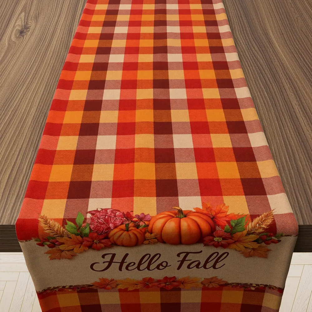 Fall Decor Hello Fall Pumpkin Plaid Table Runner