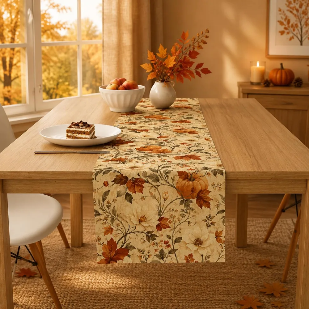 Fall Decor Vintage Autumn Pumpkin Floral Table Runner, view 2