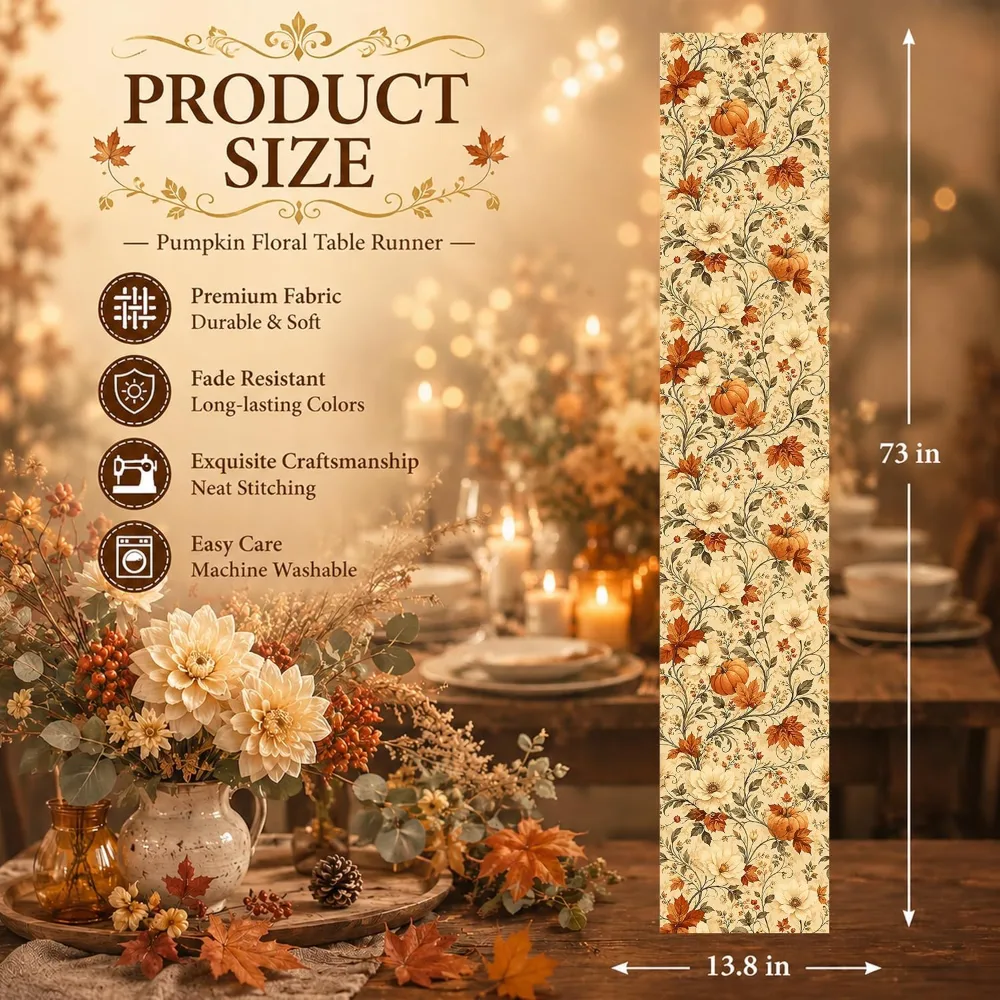 Fall Decor Vintage Autumn Pumpkin Floral Table Runner, view 3