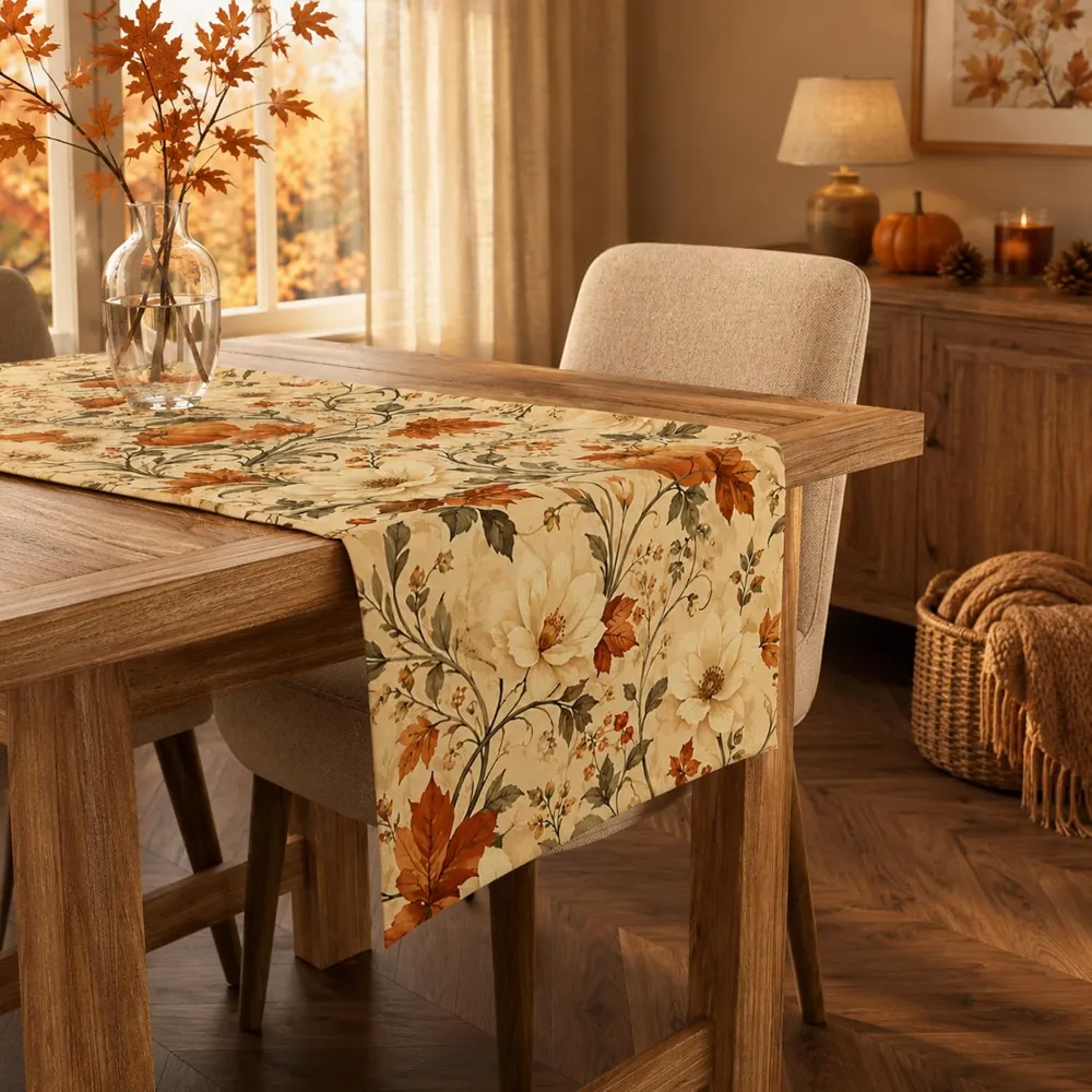 Fall Decor Vintage Autumn Pumpkin Floral Table Runner, view 4