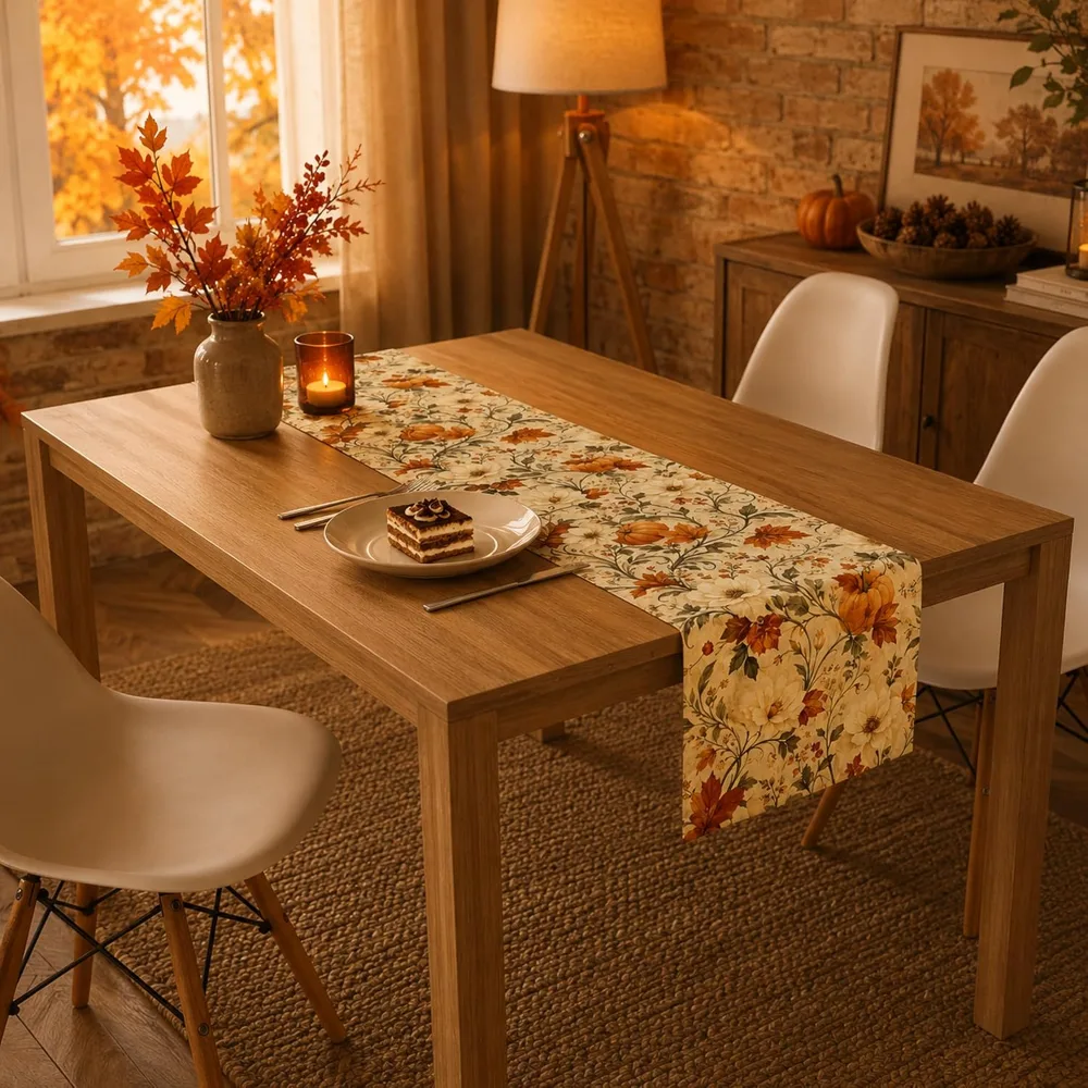 Fall Decor Vintage Autumn Pumpkin Floral Table Runner, view 5