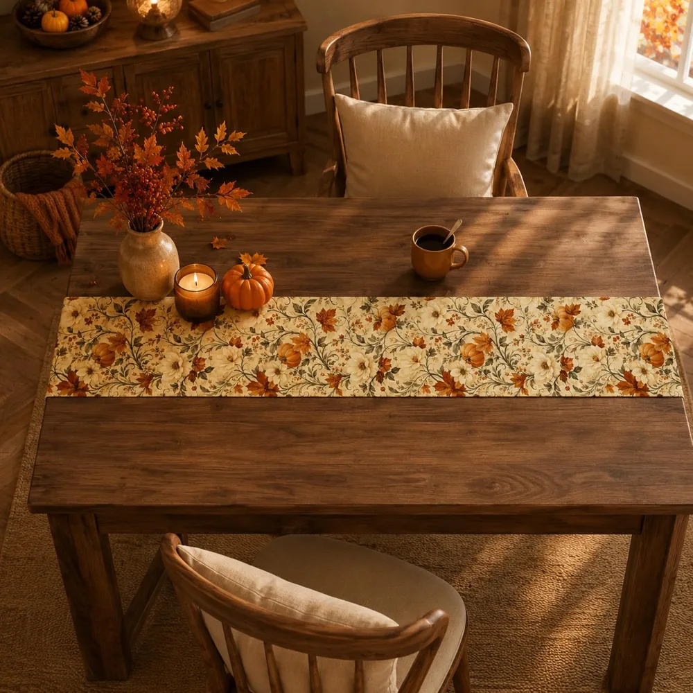 Fall Decor Vintage Autumn Pumpkin Floral Table Runner, view 6