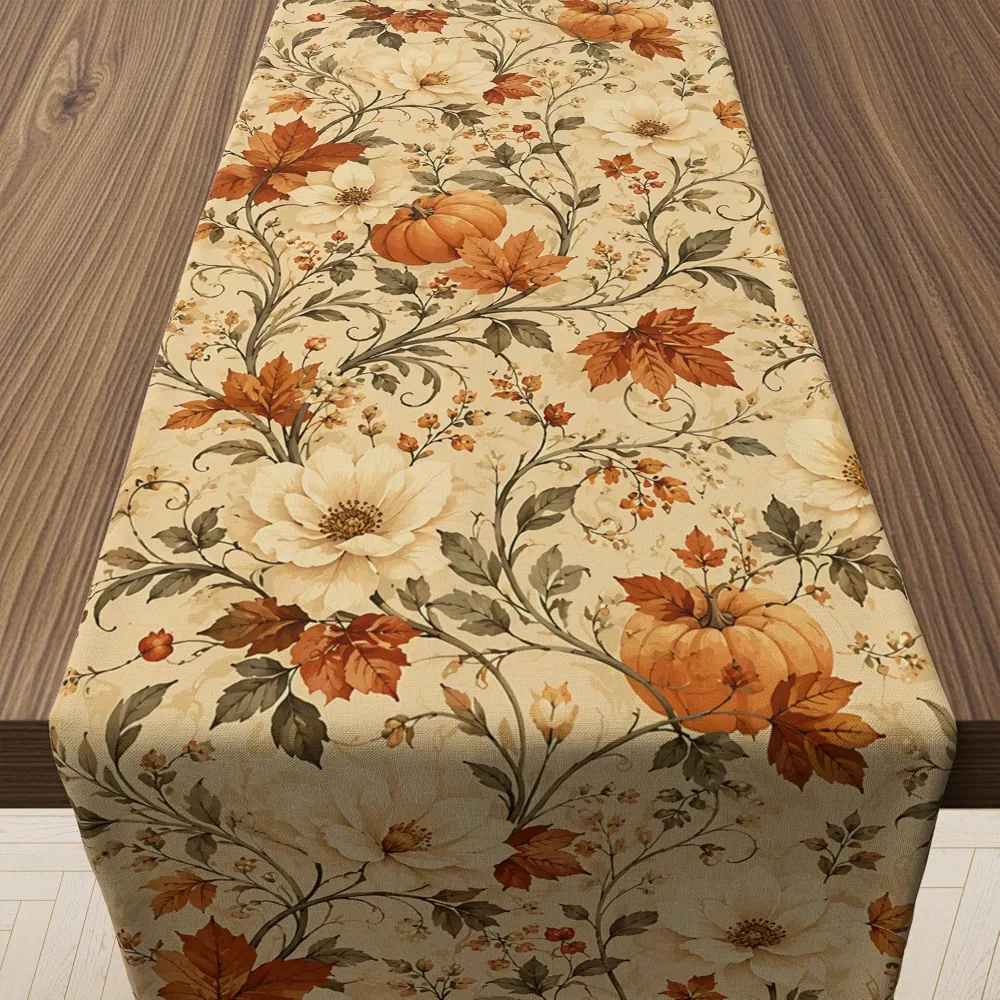 Fall Decor Vintage Autumn Pumpkin Floral Table Runner