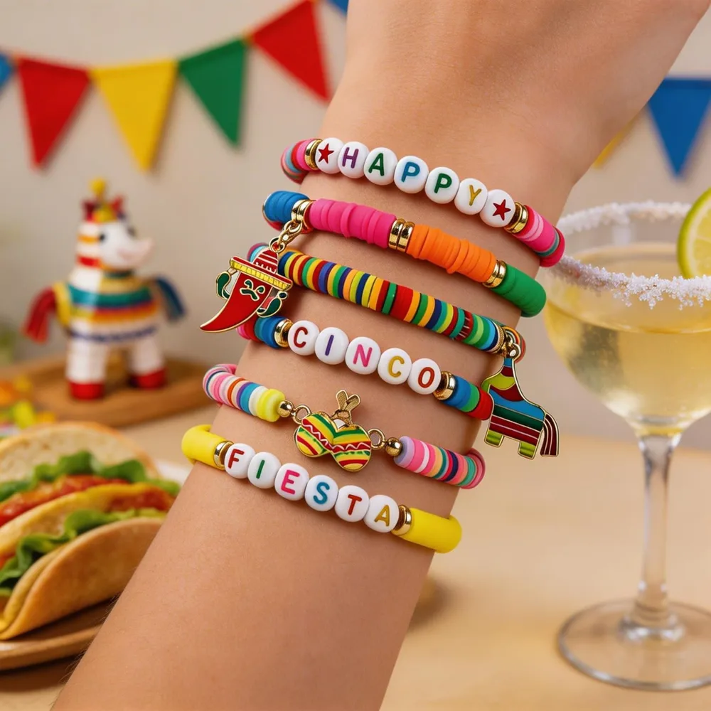 Fiesta Carnival Bracelets 6 Pack Beaded Stackable Bracelets, view 2