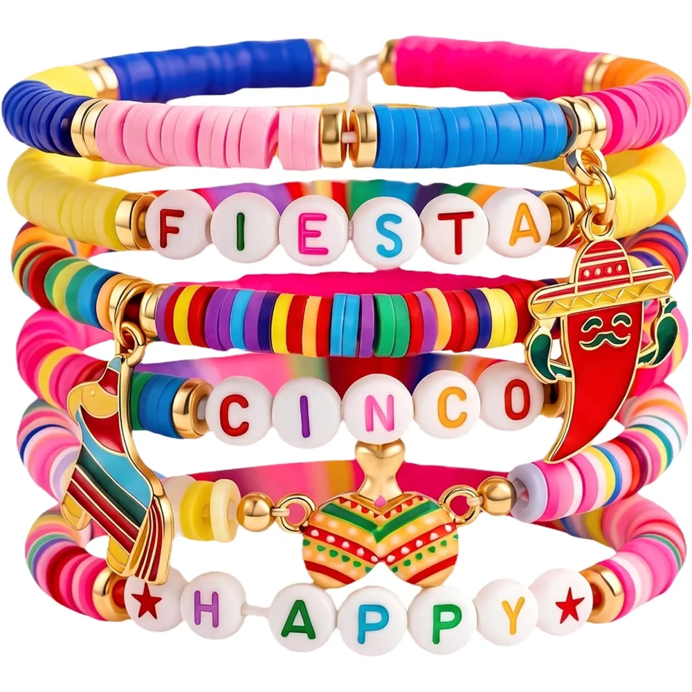 Fiesta Carnival Bracelets 6 Pack Beaded Stackable Bracelets