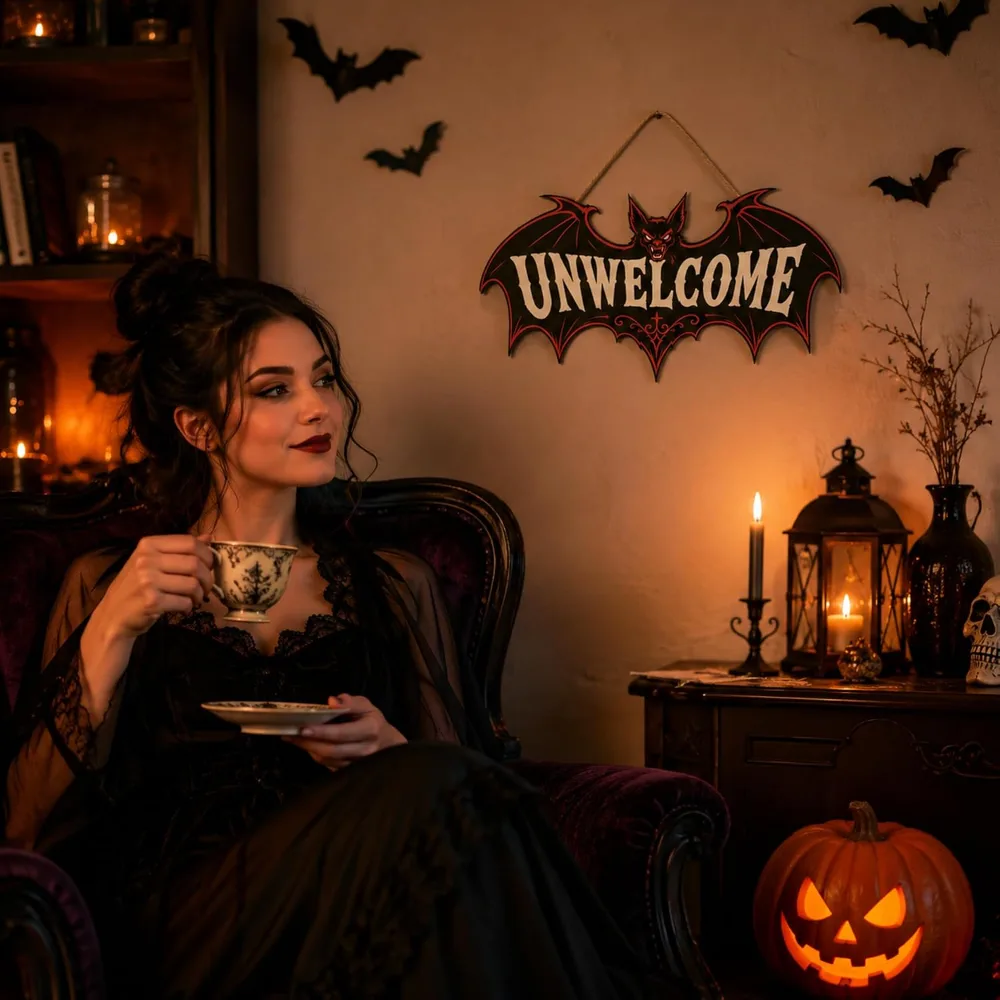 Halloween Decorations Funny Gothic Bat Wooden Sign for Front, view 2
