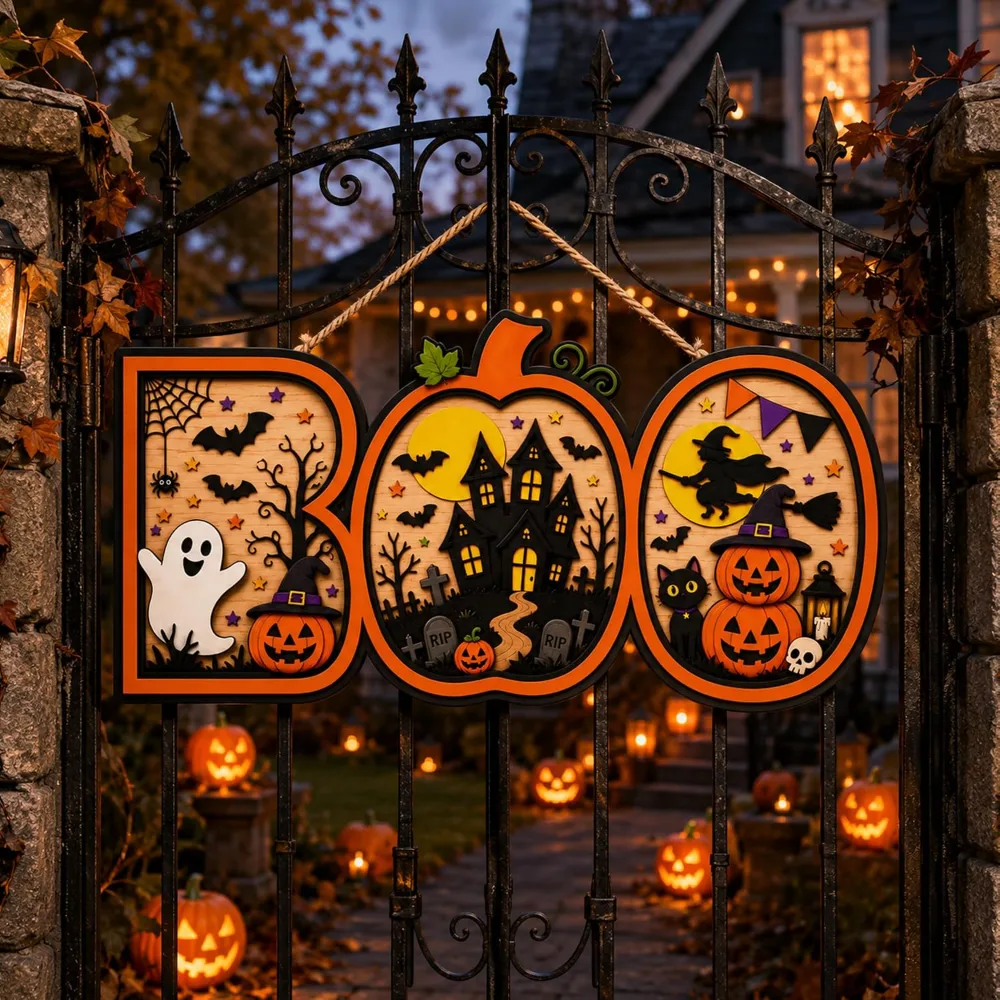 A garden gate at dusk hung with wooden BOO signs, with carved pumpkins along the path