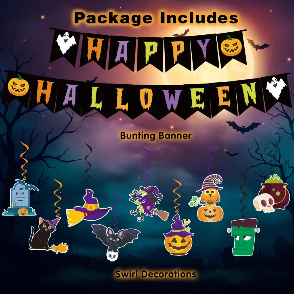 Halloween Decorations HAPPY HALLOWEEN Banner Pumpkins Bats, view 2