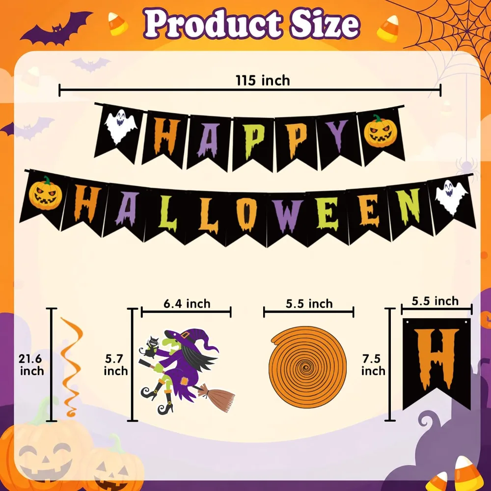 Halloween Decorations HAPPY HALLOWEEN Banner Pumpkins Bats, view 3
