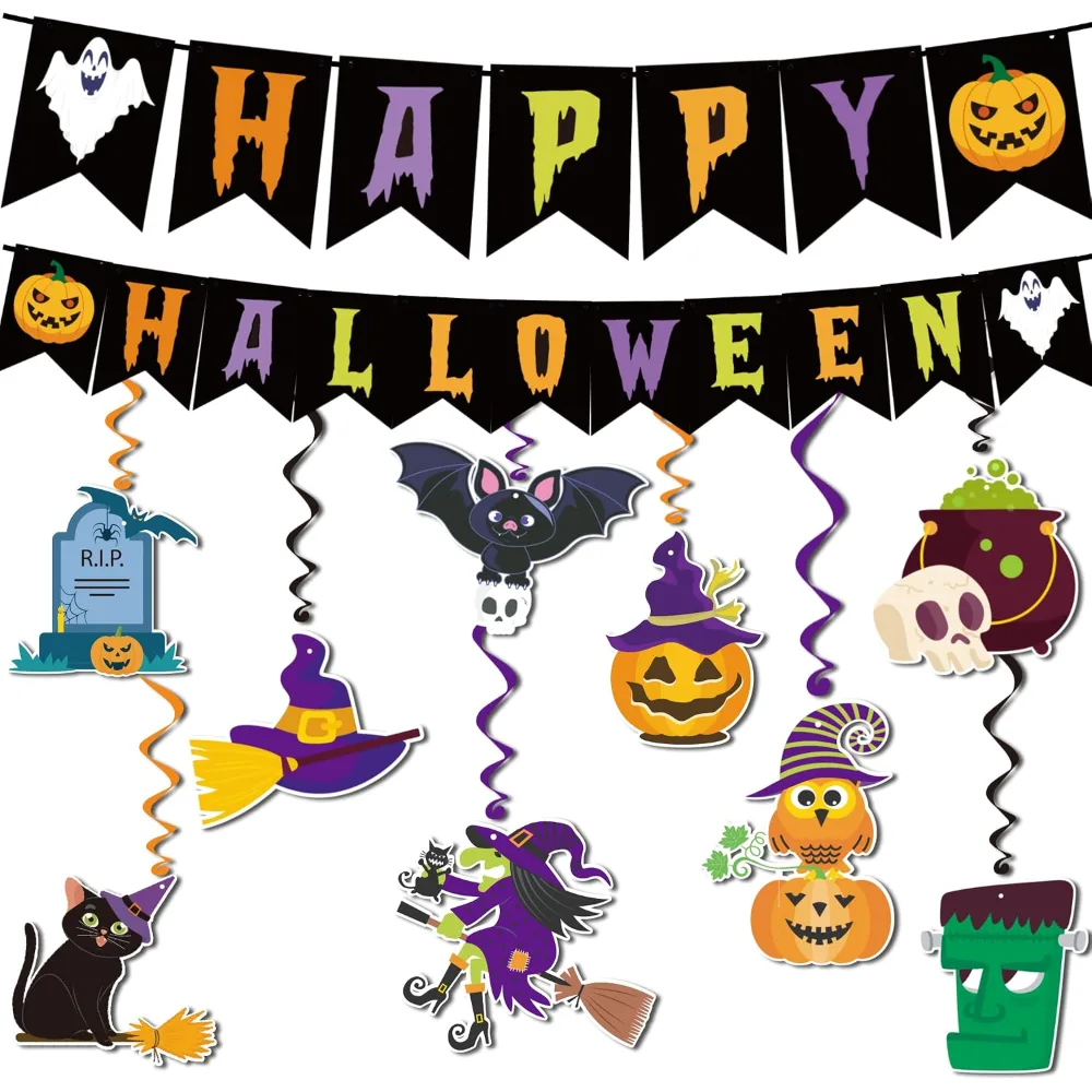 Halloween Decorations HAPPY HALLOWEEN Banner Pumpkins Bats