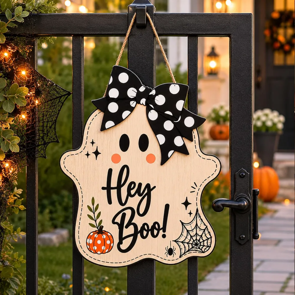 Halloween Party Decorations Hey Boo Wooden Ghost Sign, view 2