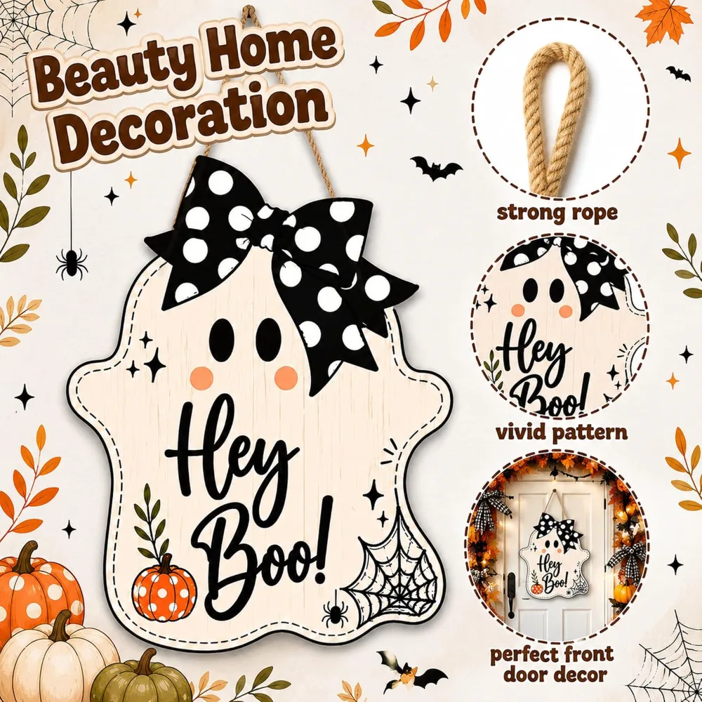 Halloween Party Decorations Hey Boo Wooden Ghost Sign, view 4