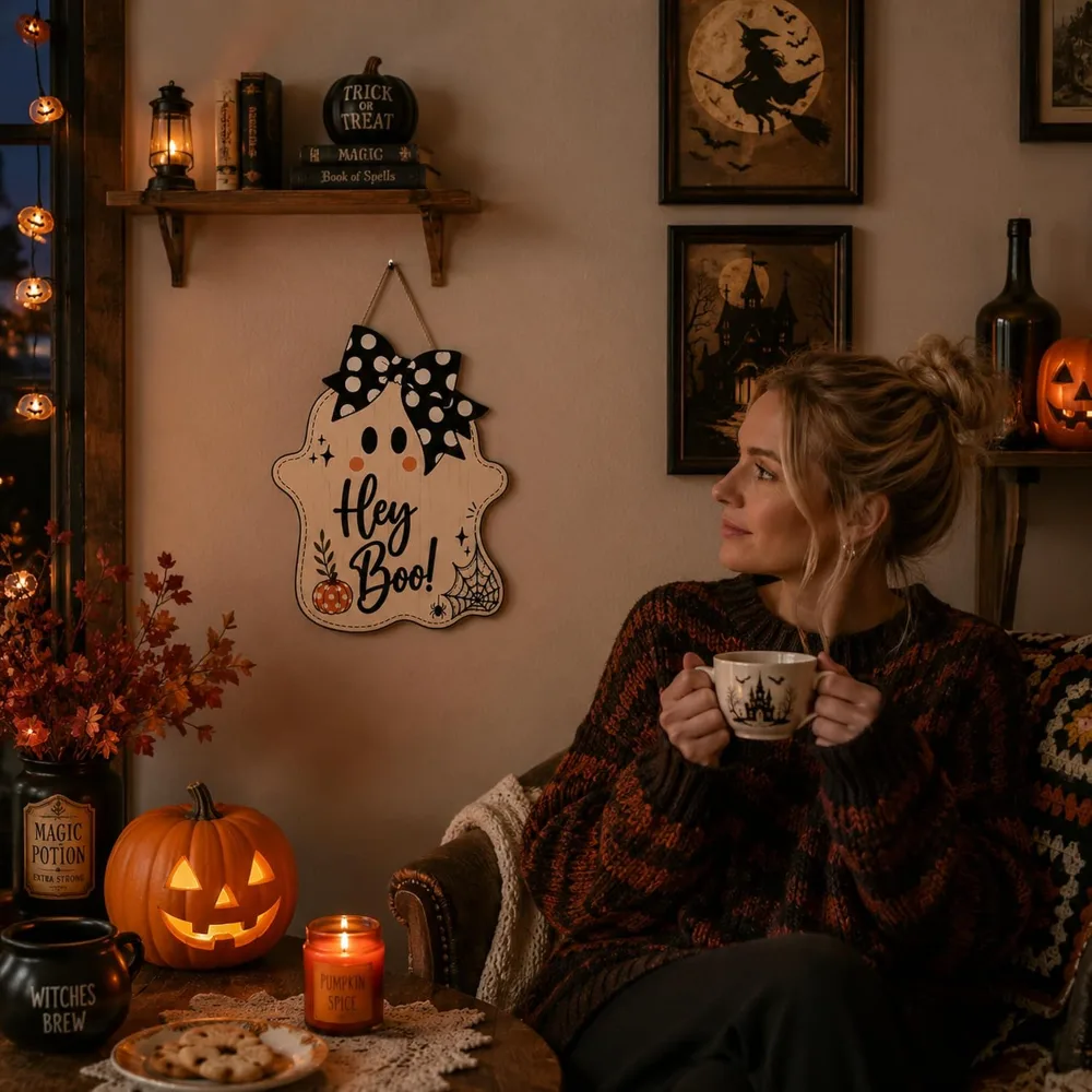 Halloween Party Decorations Hey Boo Wooden Ghost Sign, view 5