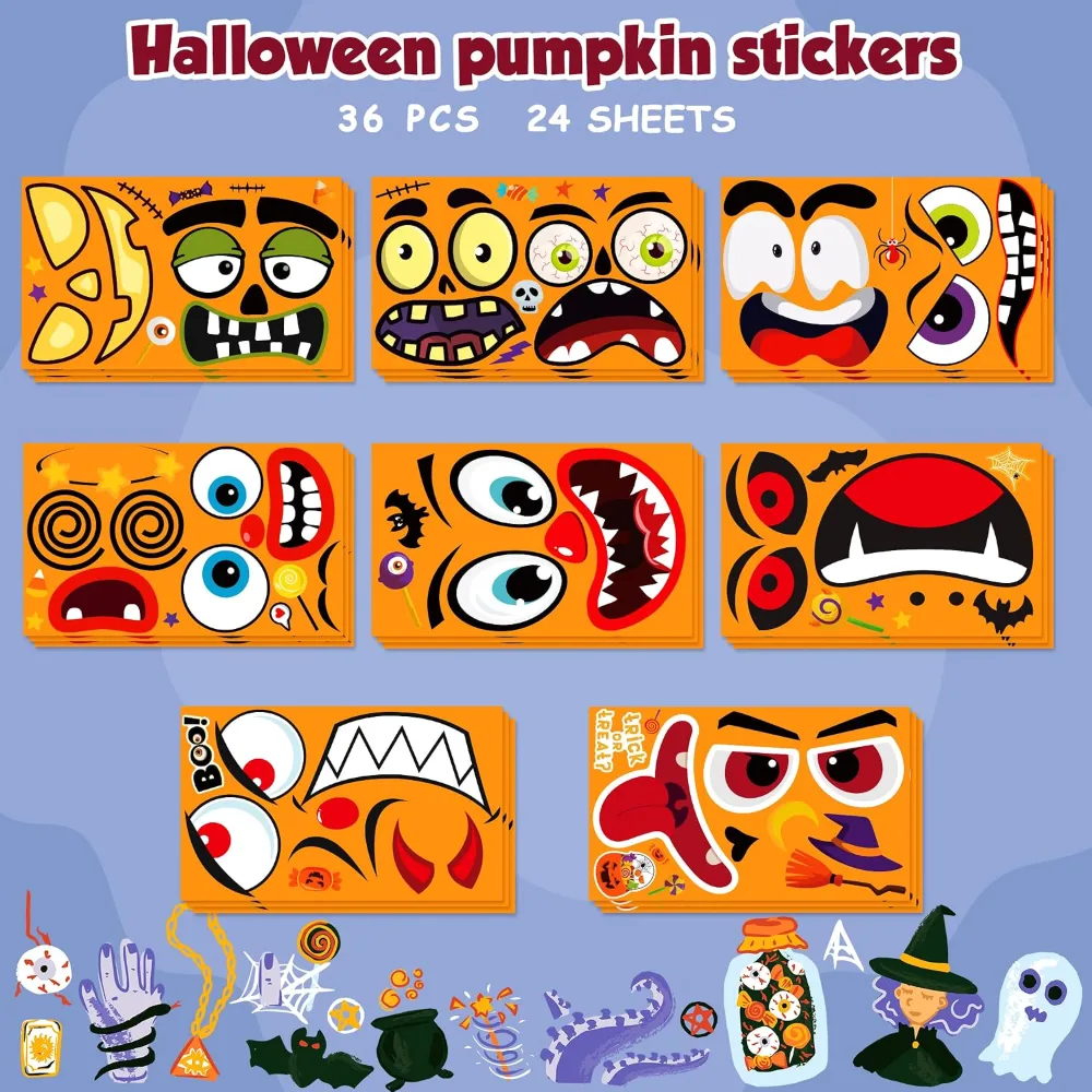 Halloween Party Favors 36 Pack DIY Pumpkin Face Stickers, view 2