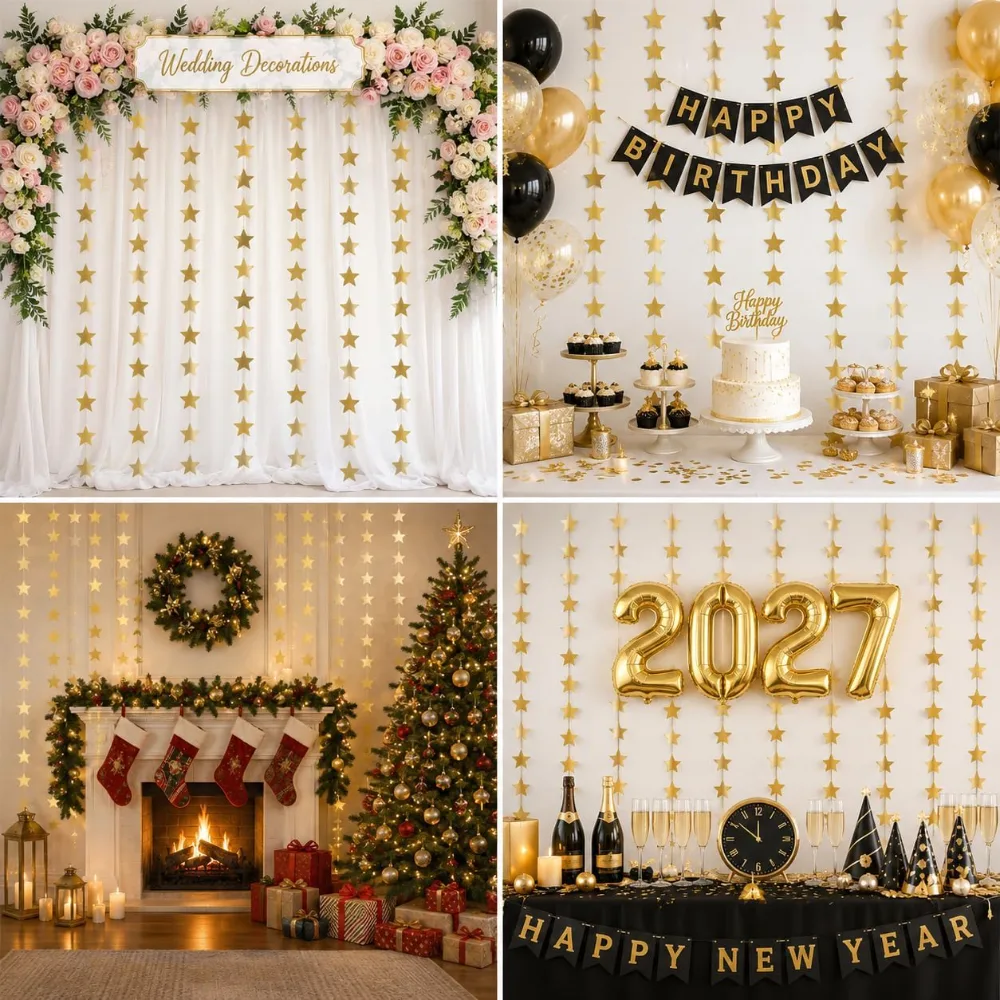 Happy Birthday Decorations Gold Star Garland Banner Party, view 2