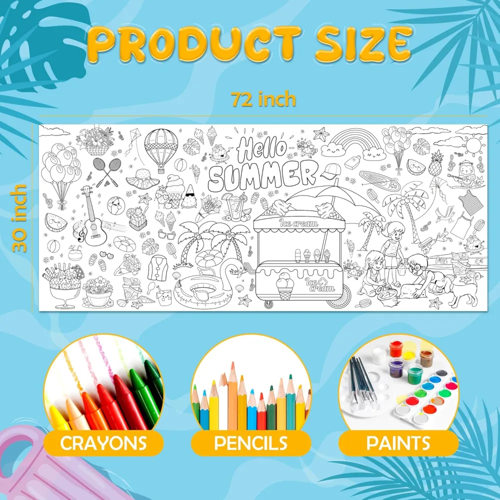 Hawaiian Party Tablecloth with Summer Giant Coloring Poster, view 3