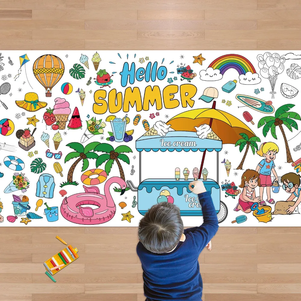 Hawaiian Party Tablecloth with Summer Giant Coloring Poster