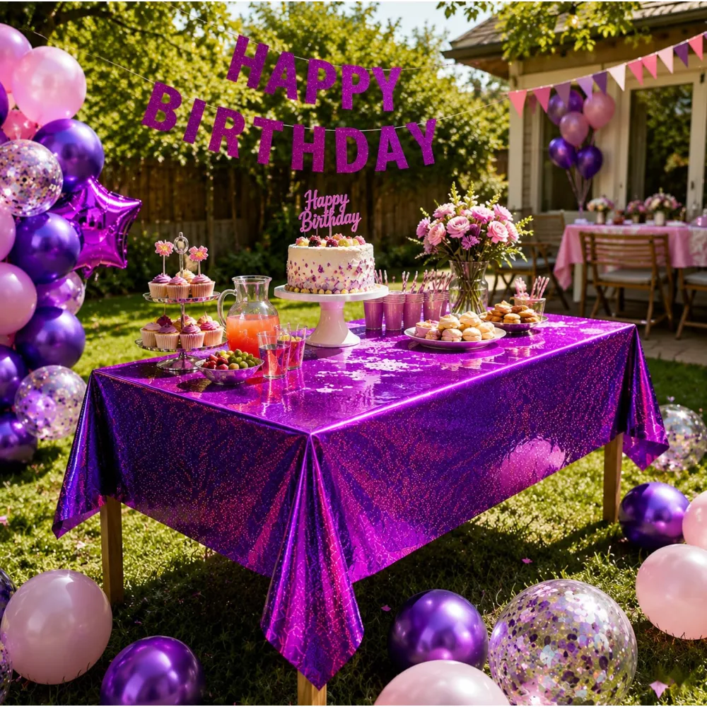 OHOME 2 Pack Laser Pink and Purple Tablecloth, view 4