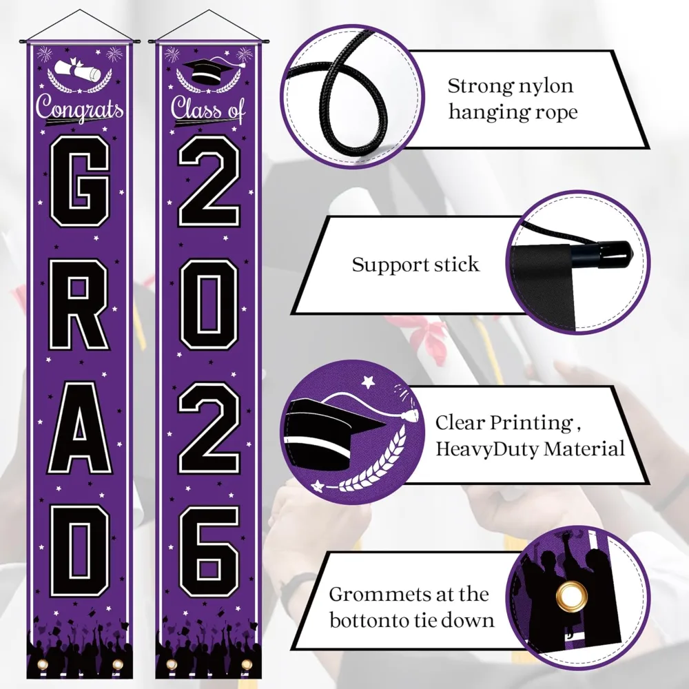 OHOME 2026 Graduation Decorations Purple Congrats Grad Porch Banner, view 3