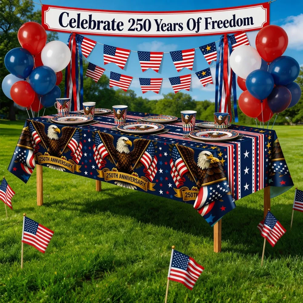 OHOME 250th Anniversary American Flag Tablecloth for 4th of July, view 6