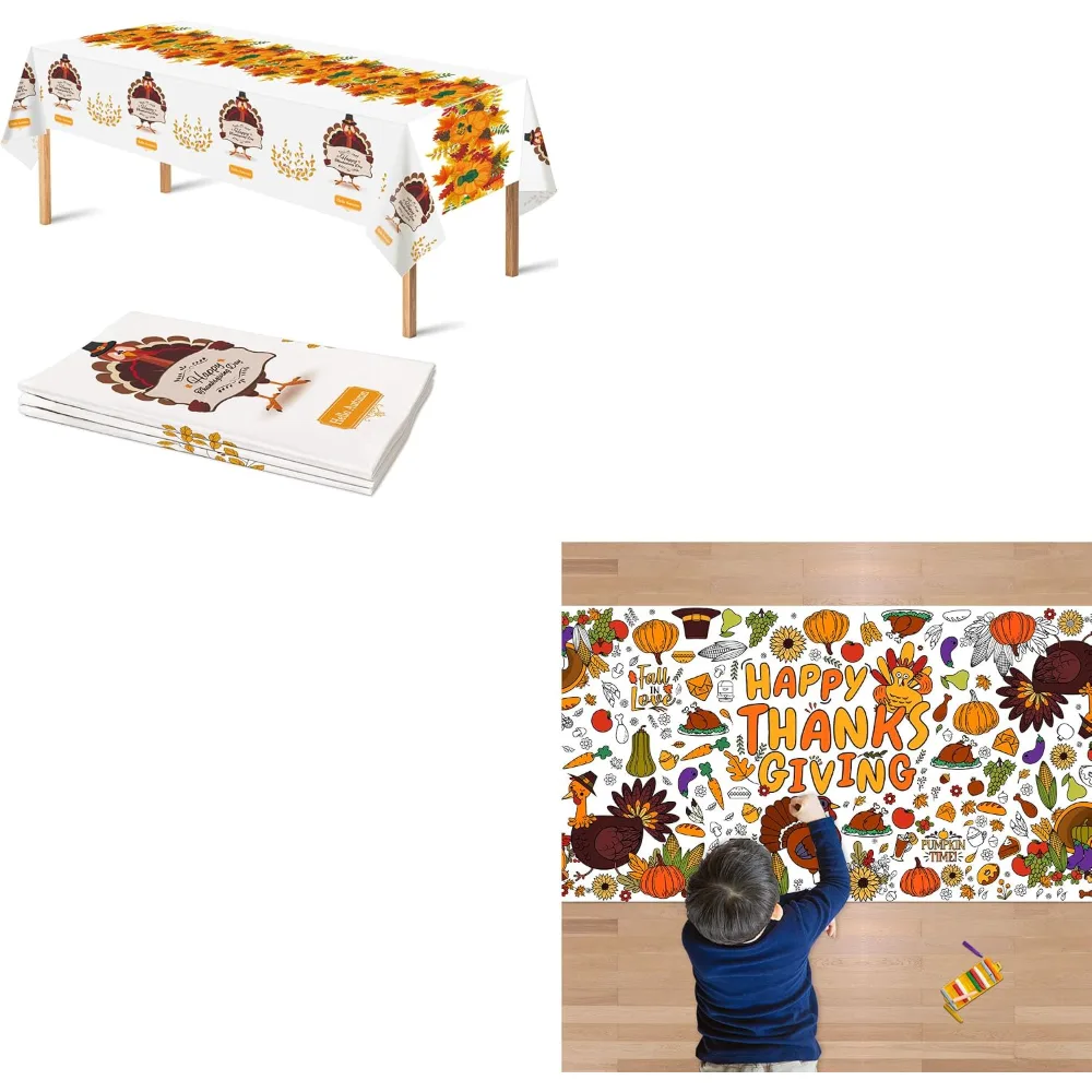 OHOME 3 Pack Thanksgiving Tablecloths & Giant Coloring Posters