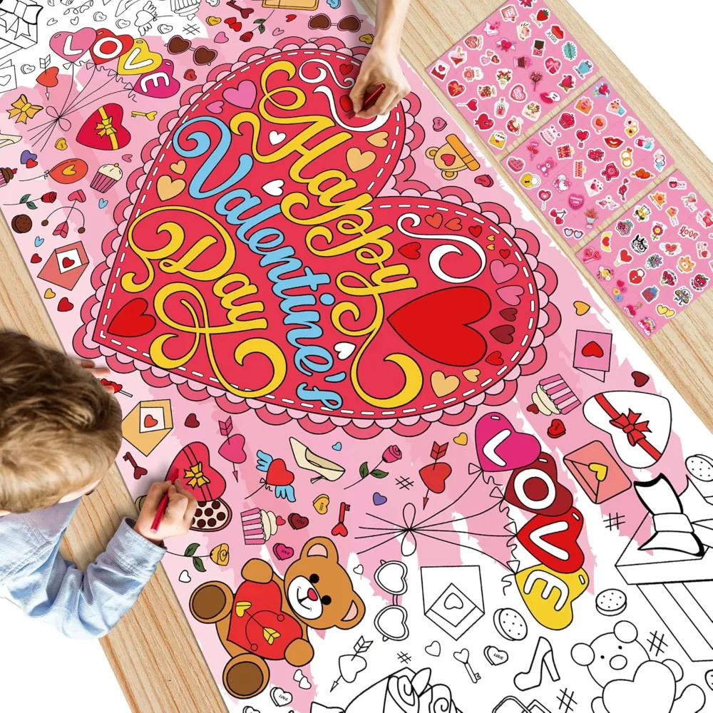 OHOME 91 PCS Valentine's Stickers with Giant Coloring Poster, view 3