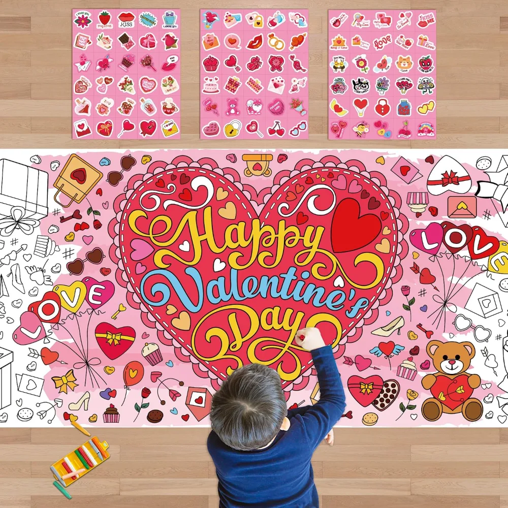 OHOME 91 PCS Valentine's Stickers with Giant Coloring Poster