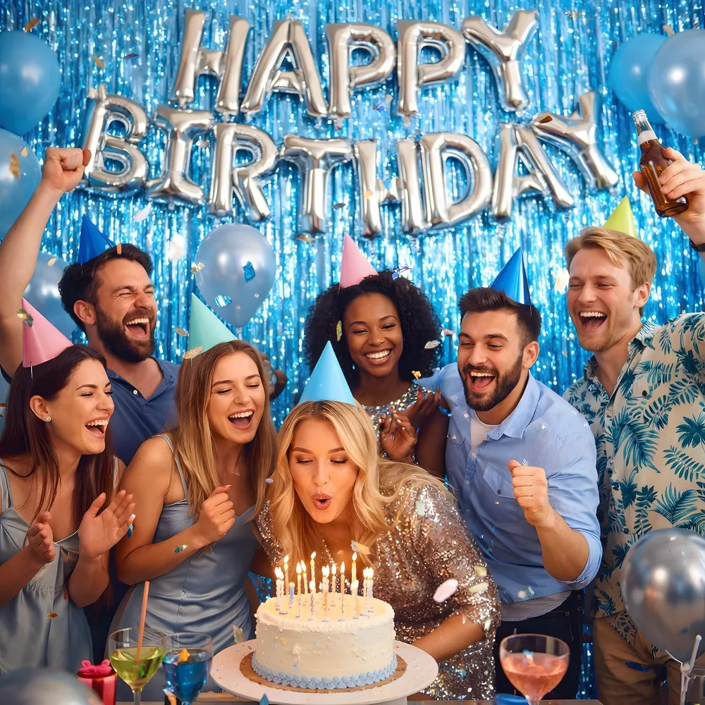 Pool Party Decorations Blue Tinsel Streamers Backdrop Banner, view 4